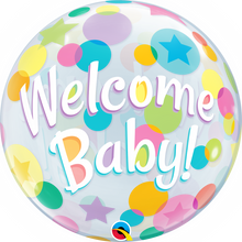 Laden Sie das Bild in den Galerie-Viewer, Welcome Baby Colorful Dots Bubble Ballon heliumgefüllt
