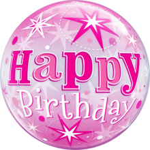 Laden Sie das Bild in den Galerie-Viewer, Starburst Happy Birthday blau / pink Bubble Ballon heliumgefüllt
