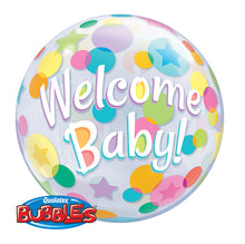 Laden Sie das Bild in den Galerie-Viewer, Welcome Baby Colorful Dots Bubble Ballon heliumgefüllt
